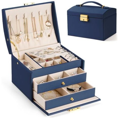 Boite a Bijoux Femme Fille, Boîte à Bijoux Coffret à Bijoux Rangement Bijoux Organisateur pour Bagues Bracelets Boucles d'oreilles Montres Lunettes Cadeaux de Noël Bleu Marine 17x14x13cm BOX03 (1/5)