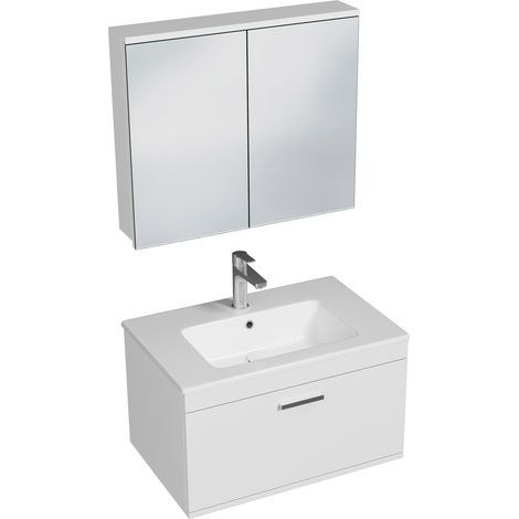 RUBITE Meuble salle de bain simple vasque 1 tiroir blanc largeur 70 cm + miroir armoire (1/5)