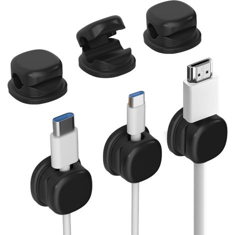 Cable Organizer - 360° Rotatable Clip with Spring Lock - 8 mm Slot Diameter - for Desk Office Car Nightstand - Black - 3 Pack