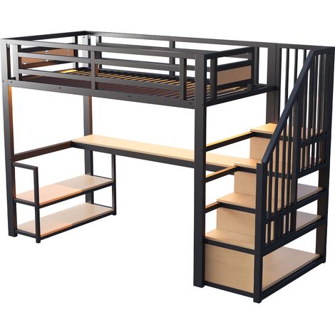 Letto a soppalco in metallo 90x200 nero con scrivania, ripiani e scala contenitore (1/5)