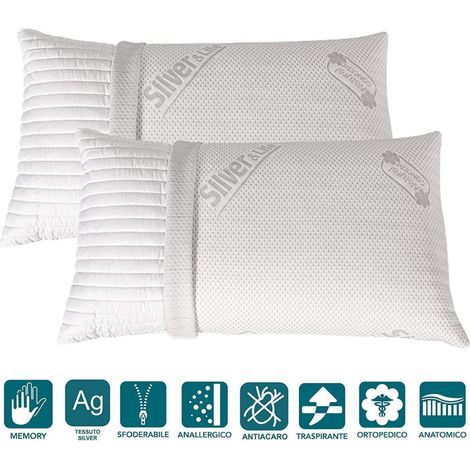 EVERGREENWEB - Coppia Cuscini Memory Foam con Fodera SILVER 40x70 Alti 15cm 2 Guanciali Letto per Dolori Cervicali Tessuto Sfoderabile Imbottitura 100% Fiocco Anallergico Ideali per Tutti Materassi (1/5)