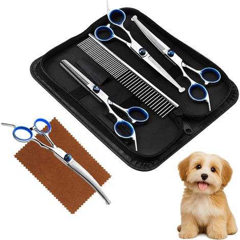Ciseaux Toilettage Chien Kit, Ciseauxs de Toilettage pour Chiens, Embouts de Sécurité Ronds y Compris Ciseaux à Effiler, Ciseaux Courbes,Ciseaux Droits,Peigne,Ciseauxs Chien Toilettages Bleu (1/5)
