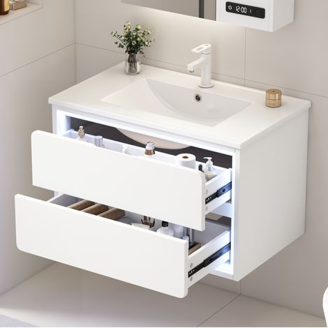 Waschtischunterschrank MDF/Keramik weiß 76x46x48,5 cm, wandhängend, mit integriertem Waschbecken und LED-Sensorbeleuchtung (1/5)