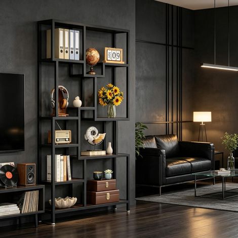 Bibliothèque industrielle 7 niveaux, étagère ouverte asymétrique en bois et métal noir, 100 x 30 x 180 cm, rangement pour livres et décoration, charge 90 kg – CHICFURN (1/5)