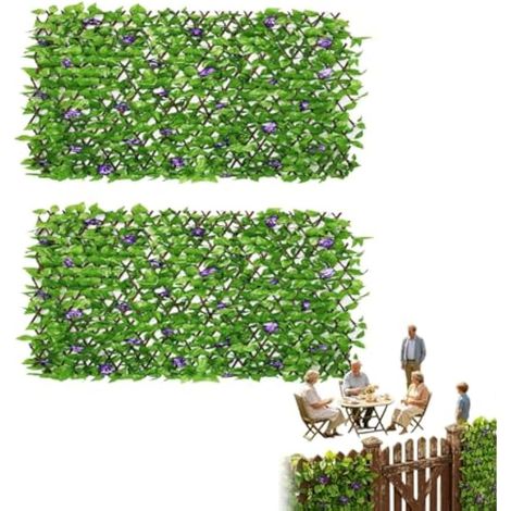 Clture de lierre artificiel et de fleurs violettes, panneaux de treillis de jardin extensibles pour balcon, terrasse, extérieur, panneau décoratif en faux lierre, haies artificielles, 40 x 200 cm (2) (1/5)