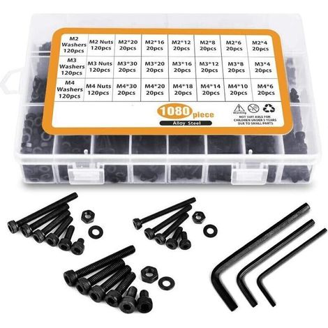 Visserie en acier au carbone – 1080 vis à tête cylindrique à six pans creux M2, M3, M4 + écrous assortis, finition noire, kit complet pour bricolage, mécanique et assemblage (1/4)