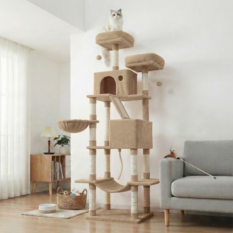 Arbre à Chat, Hauteur 203,5 cm, 2 Plate-forme, 13 Griffoirs, Panier, Hamac, 2 Niches, Pompon, Tissu Peluche, Marron (1/5)