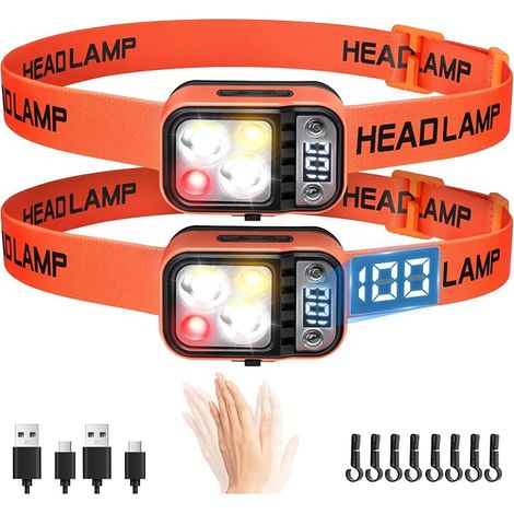 Linterna frontal LED recargable ultra potente DARKBEAM, linterna frontal de doble luz con sensor de movimiento, pantalla digital, luz de advertencia roja, resistente al agua para acampar y correr, paq (1/5)