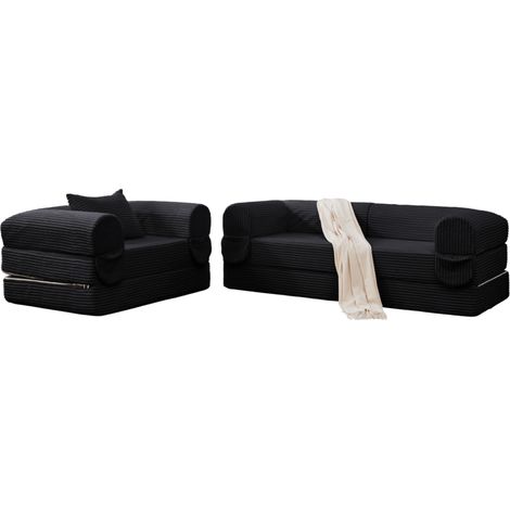 Canapé modulable 1 place + 2 places en velours côtelé noir, sofa de sol sans cadre, rembourrage épais pour salon, chambre ou studio - CHICFURN (1/5)