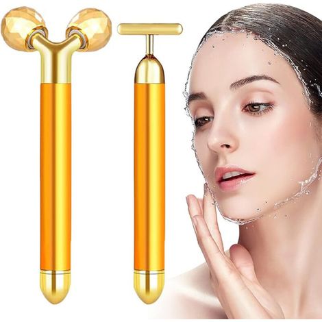 Masseur facial électrique 2 en 1, barre de beauté en or 24 carats, rouleau 3D et rouleau en T, kit de massage pour les bras, les yeux et le nez, outils de soins de la peau
