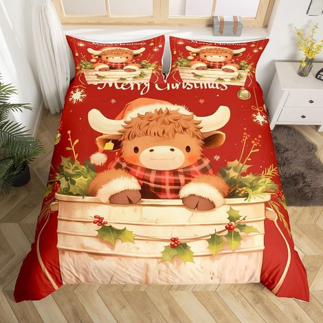 Belle Vache Literie Set Décorations de Noël Housse de Couette 140x200 Garçons Filles Enfants Bonne Année Parure de Lit Veille de Noël Couvre Lit Joyeux Noël Literie - 140x200cm + 1 Taie Oreiller 65x65 (1/5)