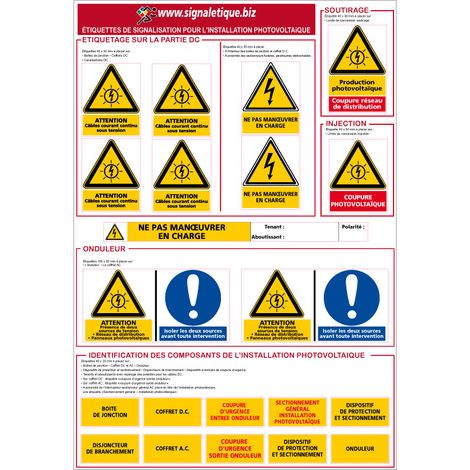 Signaletique.Biz France – Kit de 21 étiquettes photovoltaïques C1228 – Signalisation pour installation conforme – Résistantes aux UV et intempéries