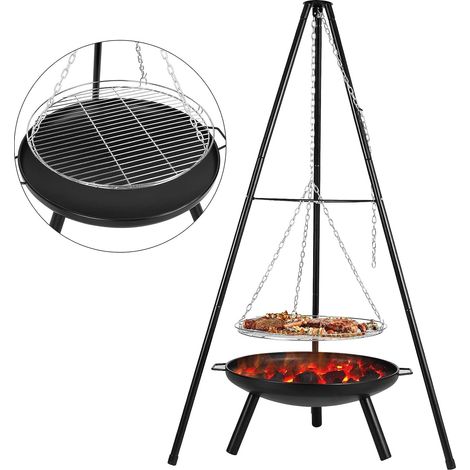 Brasero Exterieur avec Gril Suspendu,152cmTrépied Brasero Barbecue Suspendu avec Grille,Gril Pivotant Barbecue,200 cm Chaîne Réglable, Ø60cm Brasero Extérieur,Barbecue Charbon de Bois pour Jardin (1/5)