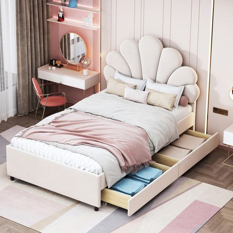 Letto bambini 90x200 cm con 2 cassetti, testiera floreale e rete a doghe, in velluto beige, materasso non incluso (1/5)