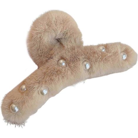Pince à cheveux pour femme, ornée de fausses perles, recouverte de peluche, antidérapante, à dents arrière.-Walnut (1/5)