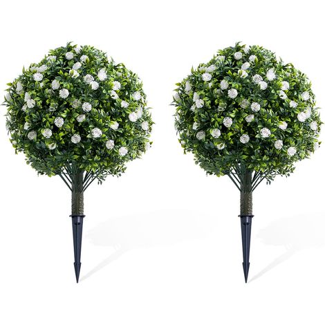 Arbre topiaire artificiel à fleurs blanches – Boule de roses réaliste en PE, piquet au sol – Plante décorative durable pour intérieur/extérieurérieur – Lot de 2 (1/5)