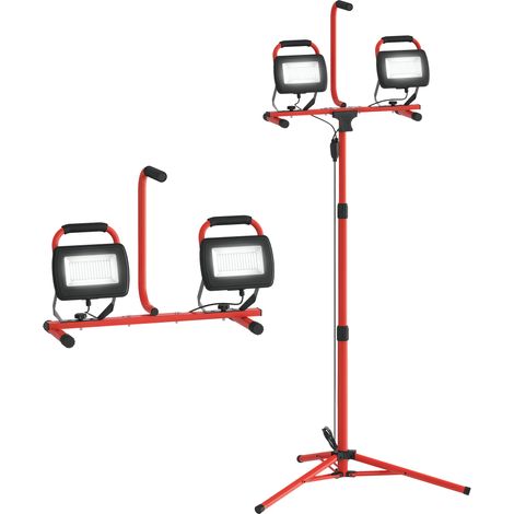 Double projecteur LED avec trépied pliable, 8 500 lumens, IP65, 6 500 K et têtes réglables, pour travaux en intérieur et extérieur, rouge (1/5)