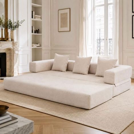 Canapé Convertible 3 Places En Tissu Beige, Avec 3 Coussins - Canapé-Lit - Pliable, Gain De Place, Design Moderne, Très Confortable. (1/5)
