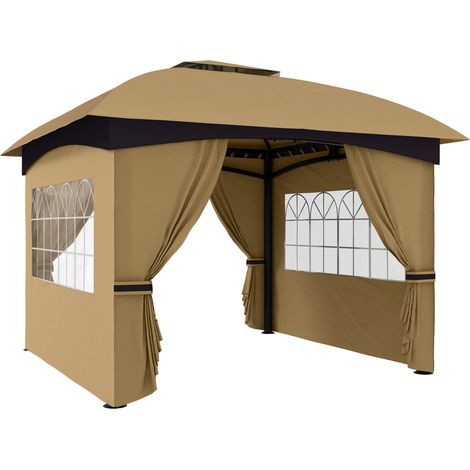 Gazebo da Giardino 3.4x3.4m con Pareti, Protezione UV e Tetto a 2 Livelli, Beige