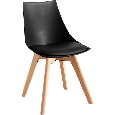 Alfa Black Padded Chair with Beech Wood Legs 48x55x78cm - Nordic Style for Dining Room, Kitchen, or Office, Ergonomic Faux Leather Seat, Supports up to 150kg, Requires Assembly (1/5)