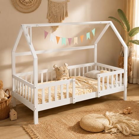 MEUBLIV Letto a casetta 90x200 cm bianco con tetto, sponda e camino, senza materasso (1/5)