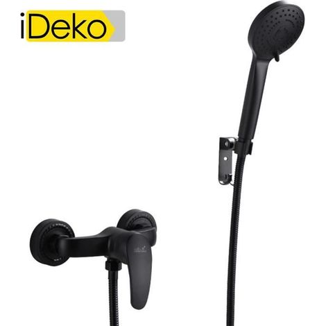 iDeko® Robinet de douche salle de bain mural avec pommeau de douche 3 modèle de pluie en laiton céramique Noir (1/5)