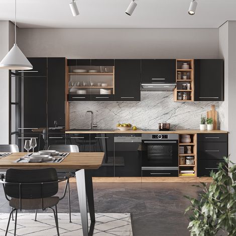 Cucina componibile Fame-Line, Antracite lucido/oro power oak, 355 cm , PL Rovere, Vicco