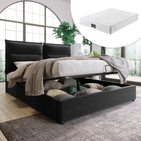 Letto matrimoniale imbottito idraulico 140x200 cm, testiera regolabile, letto con struttura in metallo e rete a doghe, velluto, struttura letto moderna con vano contenitore, ampio vano contenitore, ne (1/5)