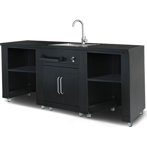 Oviala – Cuisine d'extérieur en acier inoxydable 3 éléments – Évier noir 60x45cm – Modules de rangement 3 tiroirs et plan de travail – Pieds réglables