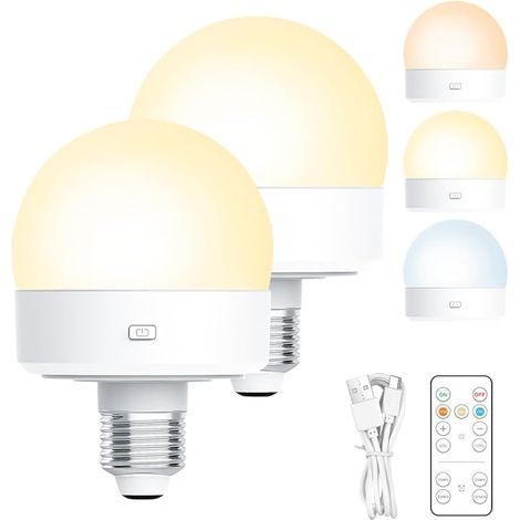 Lot de 2 Ampoule Rechargeable avec Télécommande, 3 Températures de Couleurs Luminosités Réglables, Ampoule Sans Electricite pour Lampes non Câblées, Décoration Intérieur (1/5)