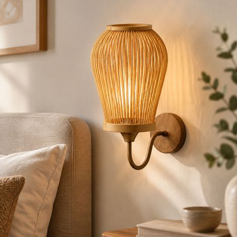 Luxuriöse, italienisch inspirierte Wandleuchte aus gewebtem Bambus, handgefertigtes ovales Design zur Inneneinrichtung in Schlafzimmer, Wohnzimmer, Flur (Leuchtmittel nicht enthalten) (1/4)