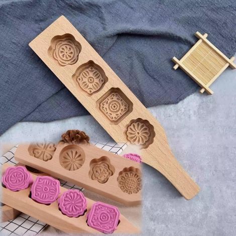 Moule à Mooncake en Bois, Moule à Gâteau Lune Traditionnel en Hêtre avec 4 Motifs Floraux pour Pâtisserie DIY, Cadeaux Fêtes Mi-Automne (1/5)