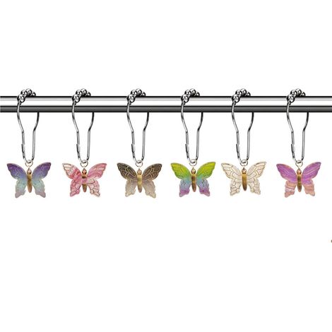 Lot de 6 crochets de rideau de douche avec pendentif papillon en acrylique coloré et anneaux métalliques antirouille pour la décoration de salle de bain. (1/5)