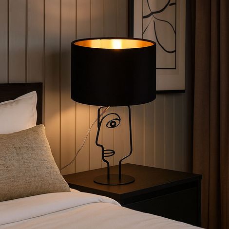 Lampada da tavolo Lampada da comodino Lampada da lettura Lampada laterale, metallo nero Paralume in tessuto Design frontale, 1x E27, H 42 cm (1/5)