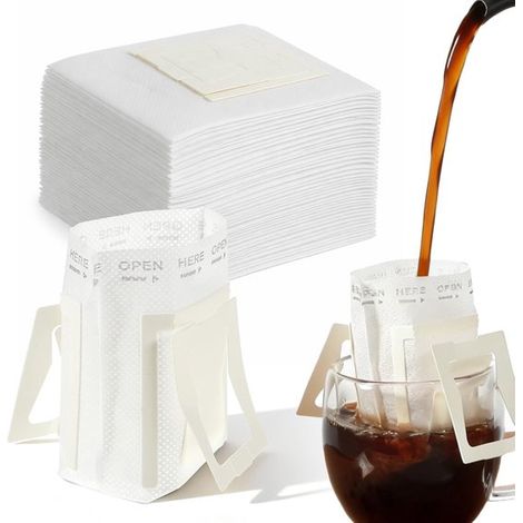 Confezione da 100 sacchetti monouso per caffè filtro, con filtri appendibili/pieghevoli, ideali per campeggio, viaggi e casa.