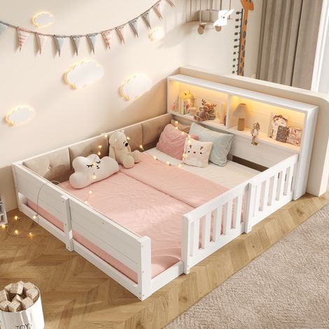 Lit enfant 140x200 cm avec barrières de sécurité, tête de lit avec rangement, LED multicolore via application, côtés rembourrés, MDF, blanc (1/5)