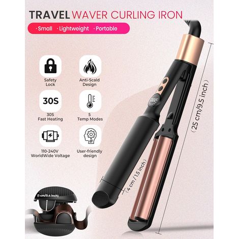 Lockenstab mit LCD-Display, 120–210 °C, Reisegröße, Strandeffekt, Meerjungfrauenwellen, leichter Lockenwickler für welliges Haar, Mini-Locken