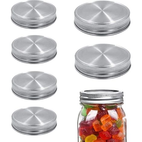 Set di 6 coperchi per barattoli Mason in acciaio inox - 86 mm - Bocca standard - A tenuta stagna - Con guarnizione in silicone - Riutilizzabili - Per barattoli, spezie, marmellata, caffè, argento (1/5)