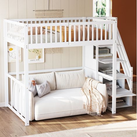 Okwish Lit mezzanine 140x200 cm, avec escalier de rangement, bois, blanc (Sans matelas) (1/5)