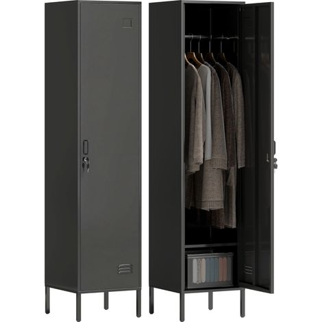 Casier métallique avec porte verrouillable et tringle à vêtements, armoire acier bureau noir