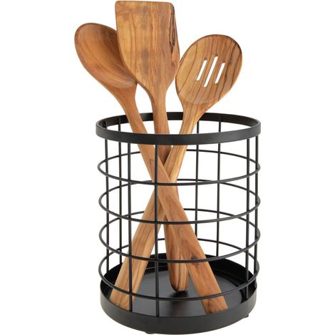 boite de rangement pour ustensiles de cuisine sur le plan de travail, range couverts rond en métal, bac à couverts, noir mat (1/4)