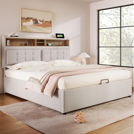 lit adulte coffre rangement 160x200 lin beige OKMYHOME (1/5)