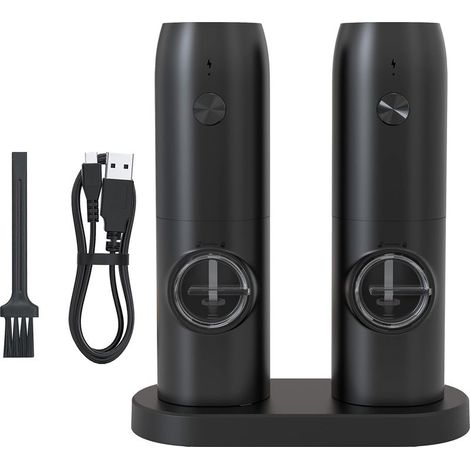 Juego de 2 molinillos eléctricos de sal y pimienta, acero inoxidable, nivel de molienda ajustable, tipo C, con compartimento de almacenamiento transparente, color negro (1/5)