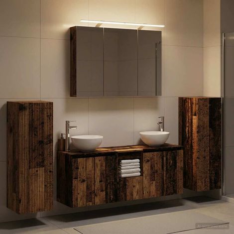 Ensemble meuble salle de bain 6 pièces bois ancien avec miroir LED USB lavabo robinet rangement mural moderne (1/5)