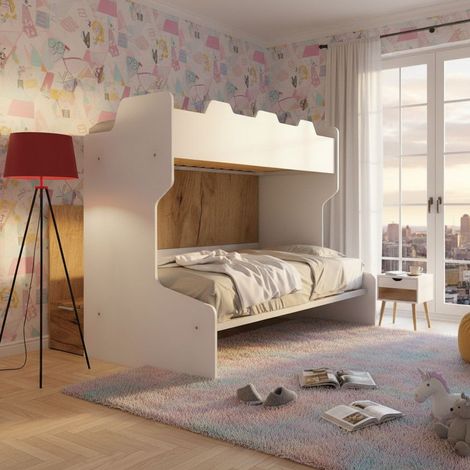 Letto a castello salvaspazio con scala contenitore - 1 Piazza e mezza + singolo - Bianco e Quercia