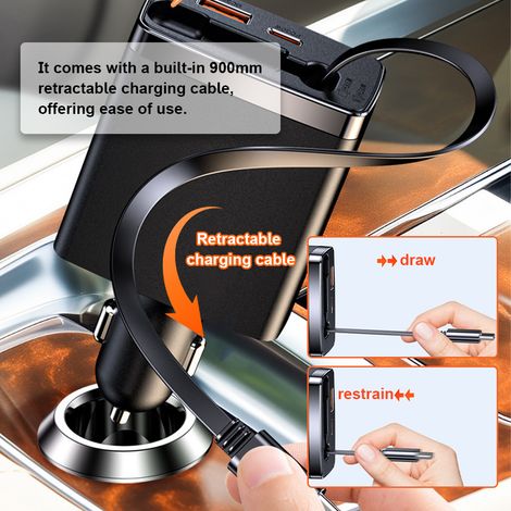 Ortviai Chargeur Auto Rétractable 3-en-1 125 W avec Câble Type-C PD65W, Ports USB + Type-C, Noir (1/2)