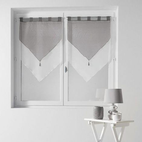 Douceur D'Intérieur – Paire de voilage bicolore duo 2 x 60 x 90 cm – Blanc/Gris – Finition pompons – Lavable en machine (1/3)