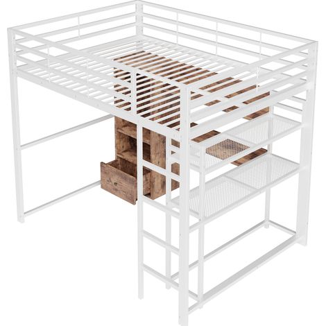 Letto a soppalco 140 x 200 cm in metallo e MDF bianco con LED, scrivania, ripiani e scala (1/5)
