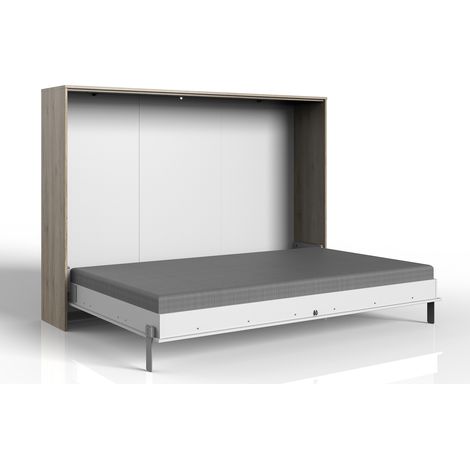 Pegane – Lit escamotable horizontal 140x200 cm blanc/imitation chêne – Dimensions 212x154x43-167 cm – Panneaux mélaminés – Montage sécurisé (1/4)