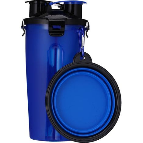 2-in-1 Hunde-Wasser- und Futterflasche mit faltbarem Napf – Doppelkammer, auslaufsicherer Deckel, leicht zu tragen, griffig – geeignet für Spaziergänge, Wanderungen, Outdoor-Aktivitäten, Hundeliebhabe